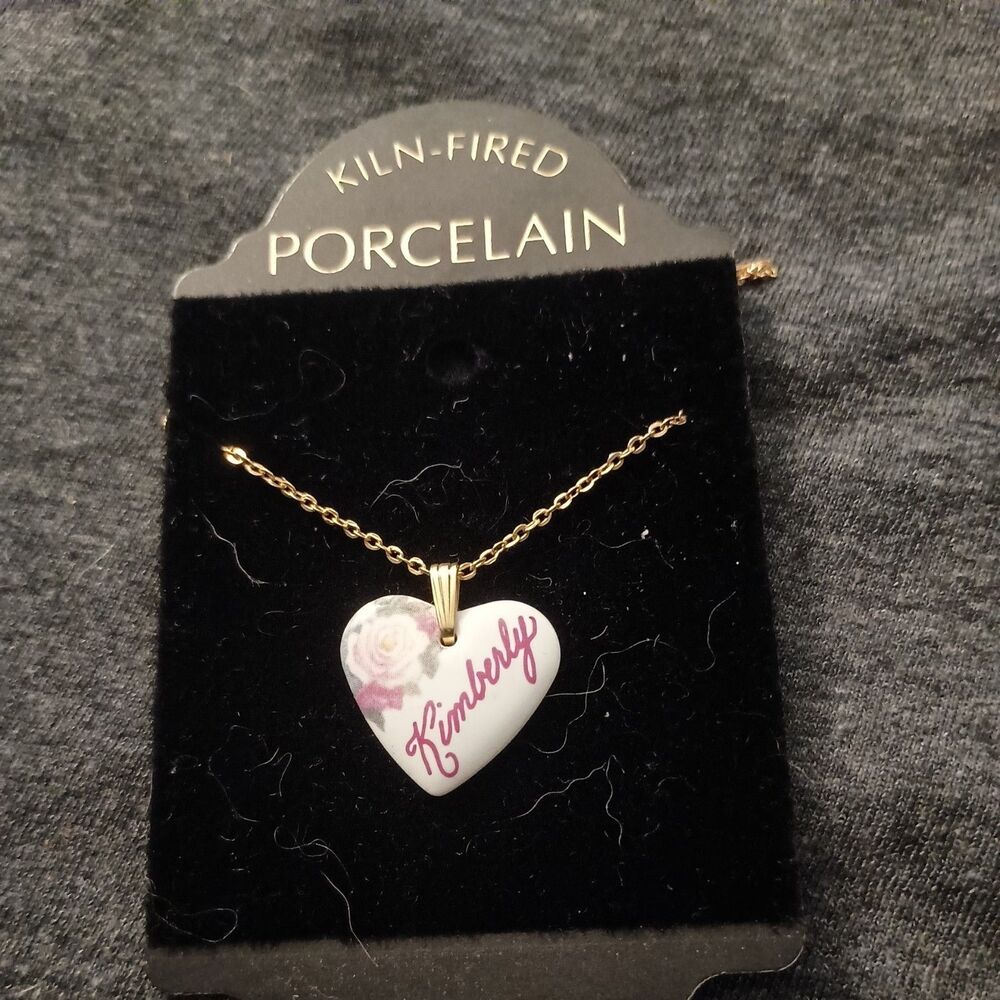 Vintage Porcelain Heart Kiln Fired Name Necklace "Kimberly"'